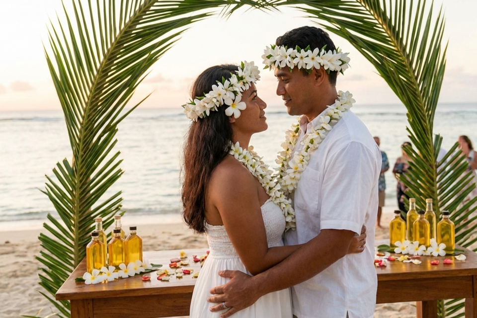 Photo d'illustration - Couronnes de tiaré et peau parfumée au monoï : le mariage polynésien s’inscrit dans l’air comme une promesse solaire.