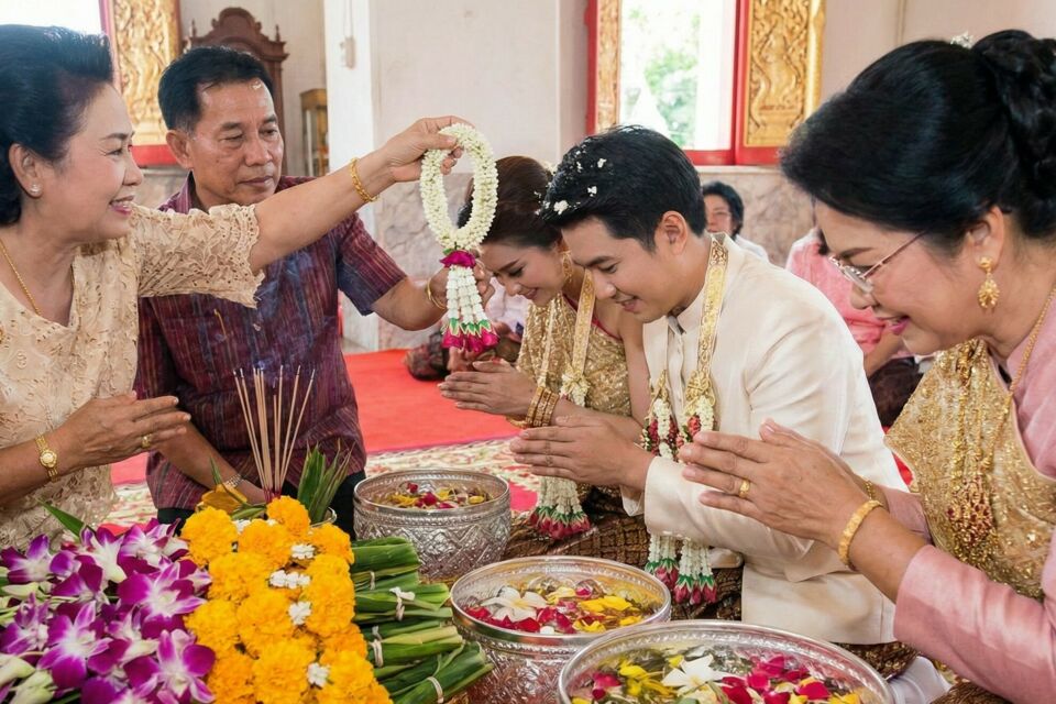 Gemini - Photo d'illustration - Sous les cieux de Thaïlande, les mariés s’entourent de guirlandes parfumées, bénédictions fleuries et éclats de tradition, où chaque pétale devient promesse d’amour et d’harmonie éternelle.