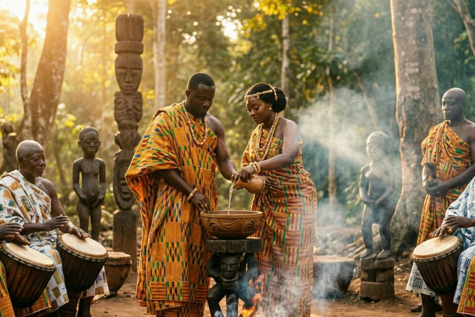 Gemini - Photo d'illustration - Entre bois parfumés et rituels ancestraux, le mariage ghanéen s’élève comme une ode à la tradition, mêlant élégance spirituelle et chaleur culturelle dans une célébration intemporelle.