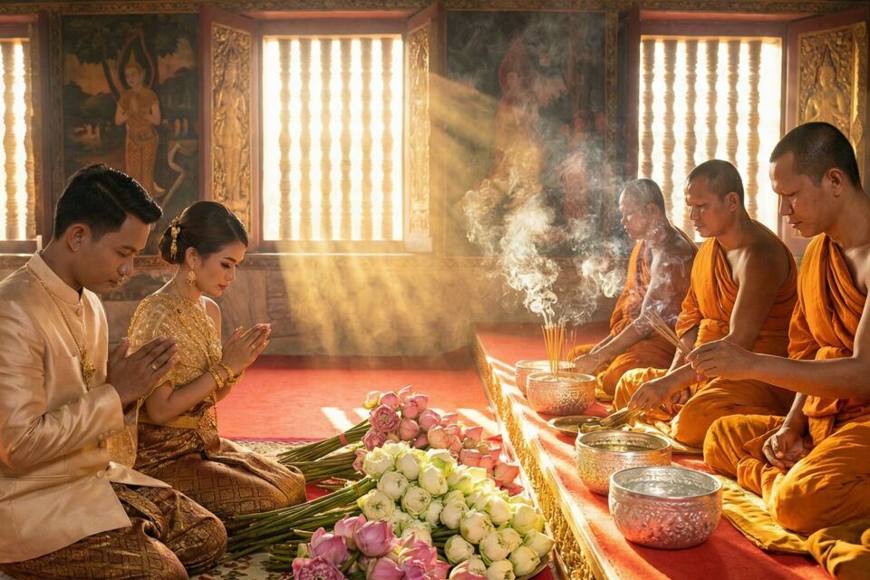 Gemini - Photo d'illustration -&nbsp;&nbsp;Encens sacré, fleurs de lotus et rites bouddhistes : le mariage cambodgien célèbre l’union des âmes dans une harmonie spirituelle où tradition et beauté s’entrelacent au cœur des cérémonies.