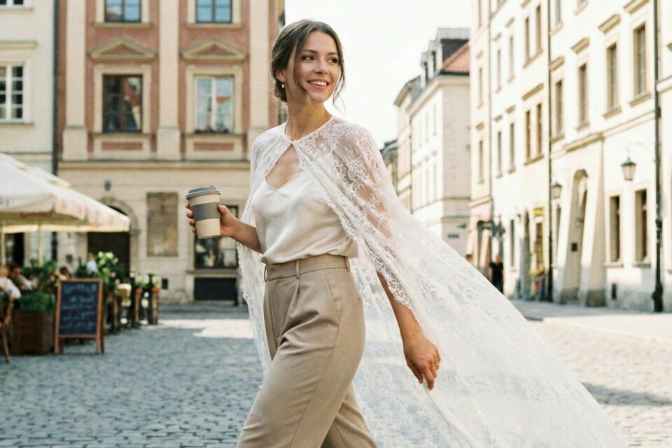 Gemini -&nbsp; Photo d'illustration -&nbsp; Cape de mariée aux lignes fluides et élégantes, drapée de lumière, symbole d’un jour unique qui se prête à mille renaissances dans l’art, la mode et la mémoire.