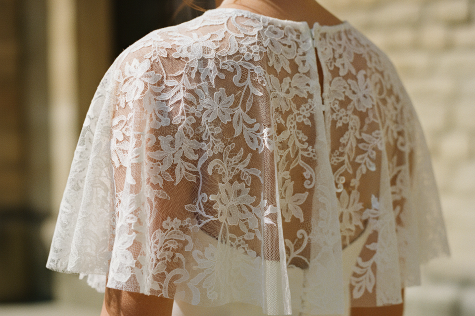Cape de mariée aux lignes fluides et élégantes, drapée de lumière, symbole d’un jour unique qui se prête à mille renaissances dans l’art, la mode et la mémoire.