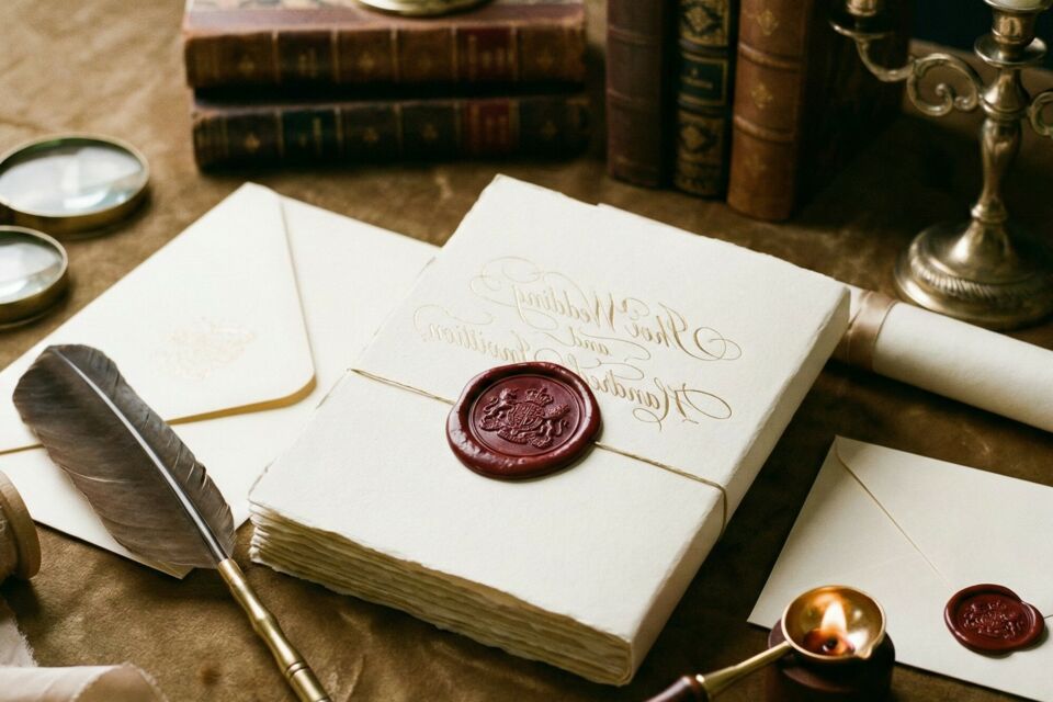 Photo d'illustration - Papeterie de mariage : calligraphie élégante et sceau de cire royal, une annonce raffinée qui transforme chaque invitation en œuvre d’art intemporelle.