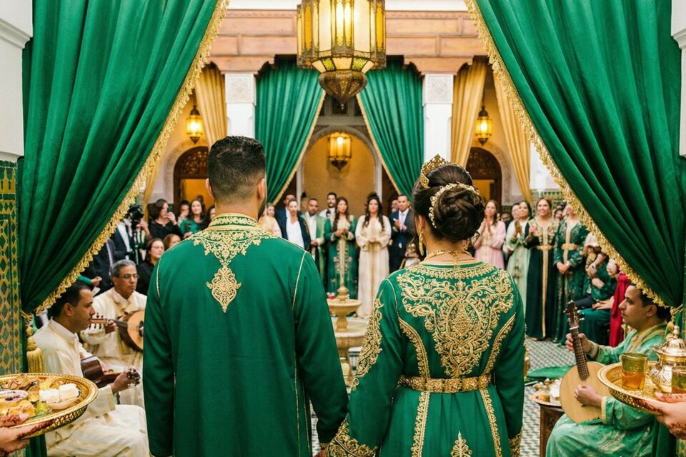 Gemini - Photo d'illustration - Vert éclatant et doré lumineux, symboles de bénédiction et prospérité, enveloppent le mariage maghrébin d’une aura sacrée où tradition et splendeur s’unissent pour célébrer l’amour éternel.