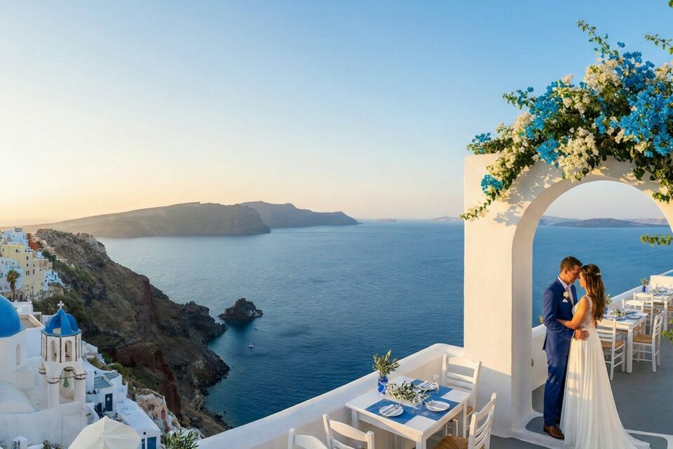 Photo d'illustration - Bleu profond et blanc éclatant, reflets de mer et ciel, le mariage grec célèbre l’union sacrée dans une harmonie lumineuse où tradition et éternité se rencontrent pour bénir l’amour.