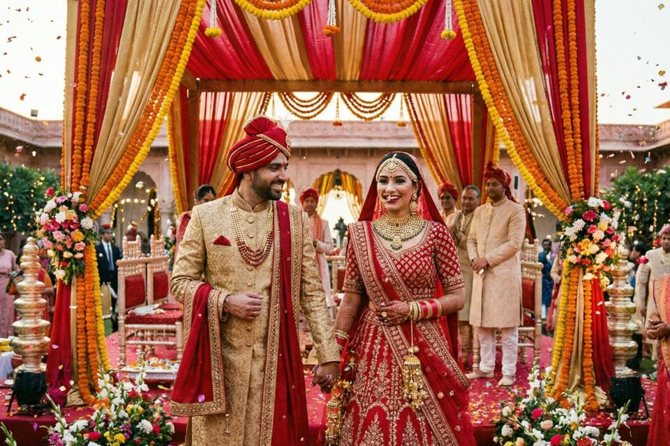 Gemini - Photo d'illustration - En Inde, le mariage s’illumine des reflets du rouge et de l’or, symboles de prospérité et de passion, où chaque détail scintille pour célébrer l’union dans une atmosphère sacrée et majestueuse.