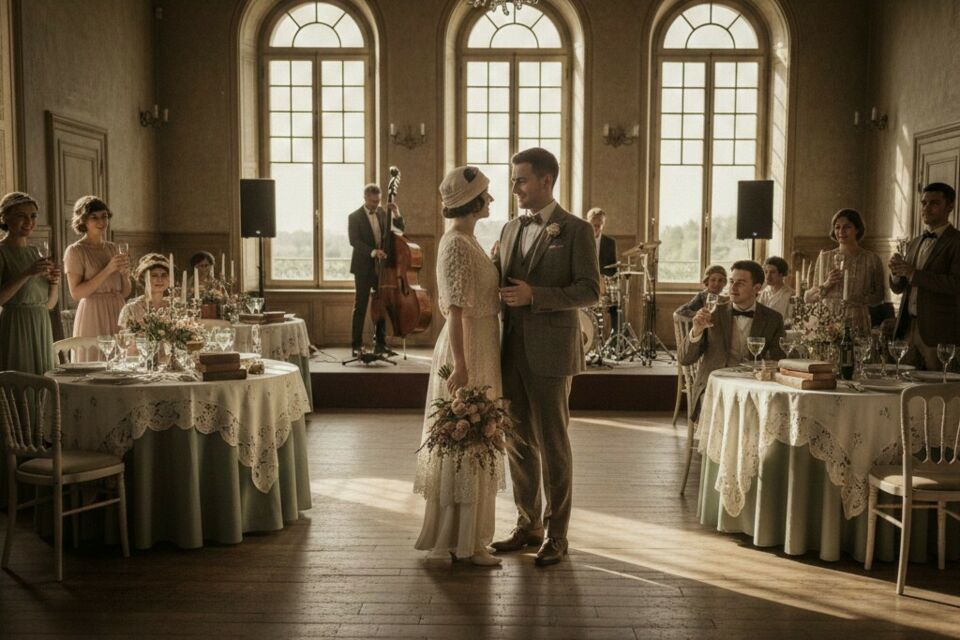 Gemini - Photo d'illustration - Sous les lustres d’antan ou dans une grange au charme patiné, le mariage vintage sublime chaque détail et transforme le lieu de réception en écrin intemporel, empreint d’élégance et de nostalgie.