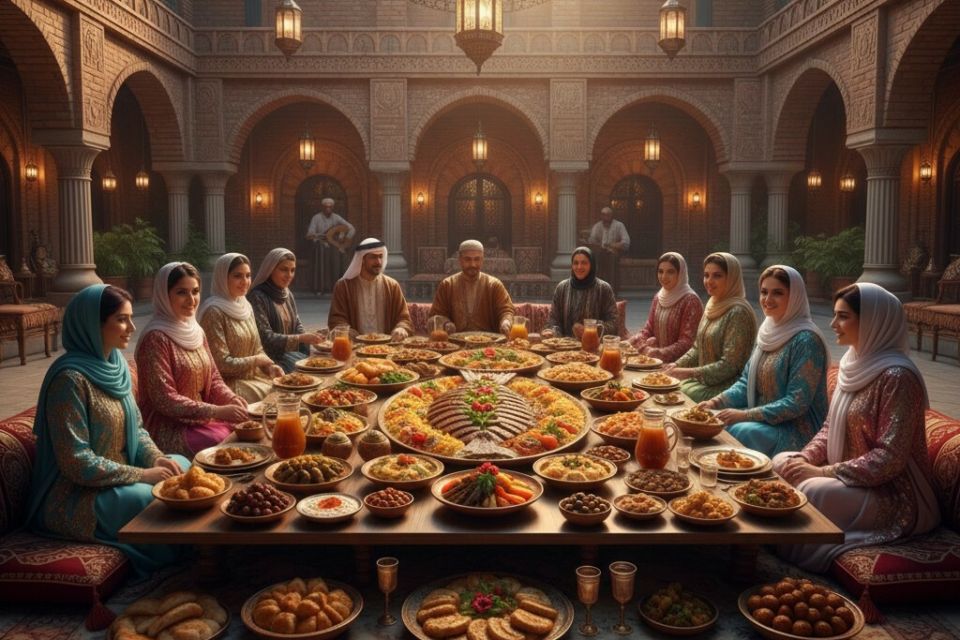 Gemini - Photo d'illustration - Banquet nuptial irakien : entre masgouf grillé, dolma parfumée et douceurs aux dattes, un festin ancestral qui incarne l’hospitalité orientale et célèbre l’union dans la convivialité.