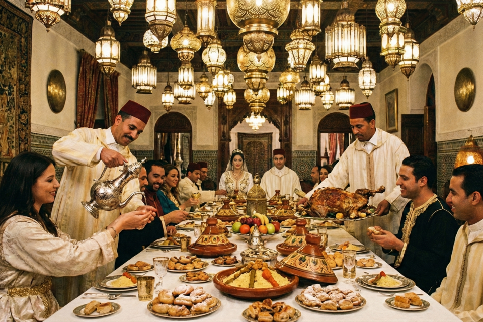 Gemini - Photo d'illustration -&nbsp;Sous la lueur des lanternes ciselées, le banquet marocain dévoile ses secrets : du rituel de l'aiguière au Mechoui fondant, chaque plat célèbre l'art sacré du partage.