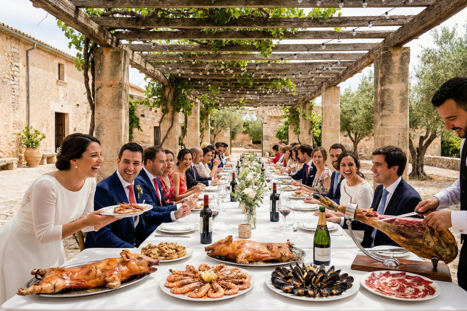 Gemini - Photo d'illustration - Sous la tonnelle d'une finca centenaire, le repas de mariage espagnol déploie ses saveurs ibériques entre jambon d'exception et vins de caractère.