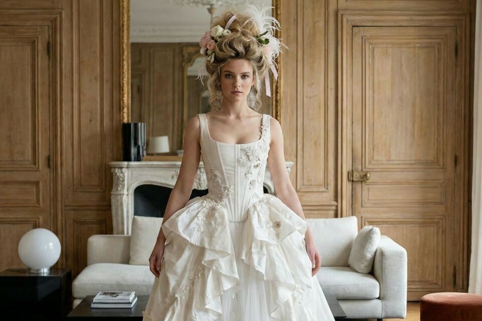 Gemini Photo d’illustration -  La mariée contemporaine réinvente l’audace rococo de Marie‑Antoinette, entre luxe théâtral et féminité centrale, héritière d’un style intemporel.