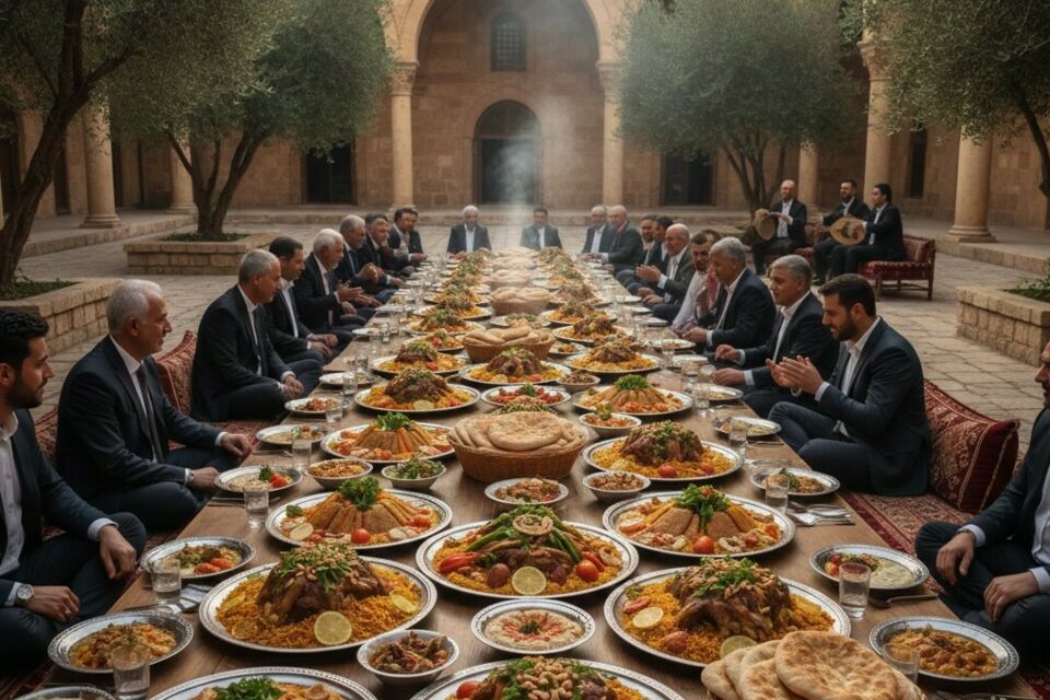 Gemini -&nbsp; Photo d'illustration -&nbsp;&nbsp;Sous les voûtes parfumées du Levant, le repas de mariage syrien déploie ses mets généreux, symbole d’hospitalité et de joie, où chaque plat raconte une histoire de tradition et de partage.