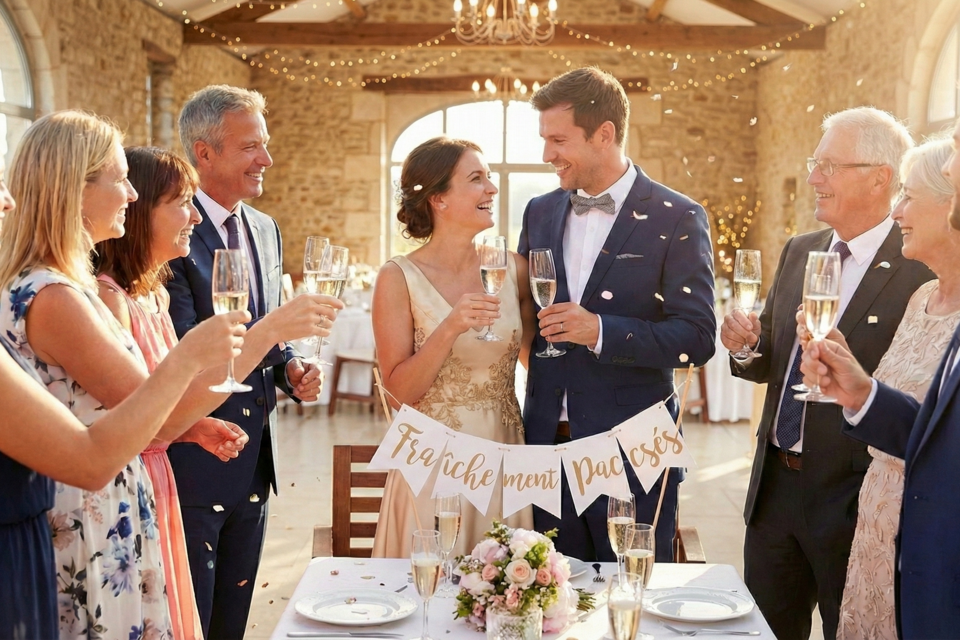 Gemini - Photo d'illustration - Quand l’élégance d’une
robe champagne rencontre le charme d’une salle de caractère, la fête de PACS
s’impose comme le nouveau sacre du chic et de la liberté.
