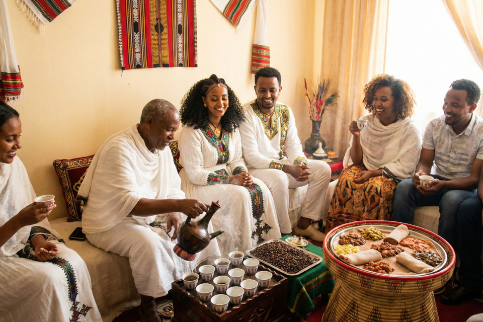 Gemini - Photo d'illustration - Sous la bienveillance des anciens et les vapeurs sacrées du café, les fiançailles éthiopiennes scellent l'union de deux lignées dans un pacte de respect et de générosité éternelle.