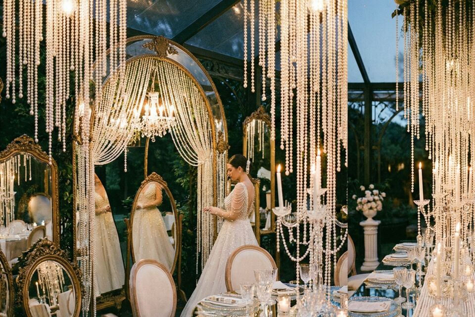 Gemini - Photo d'illustration -&nbsp;&nbsp;Perles scintillantes et reflets de miroirs s’unissent pour créer une atmosphère lumineuse et féerique, où chaque détail sublime l’élégance et la magie d’un mariage inoubliable.