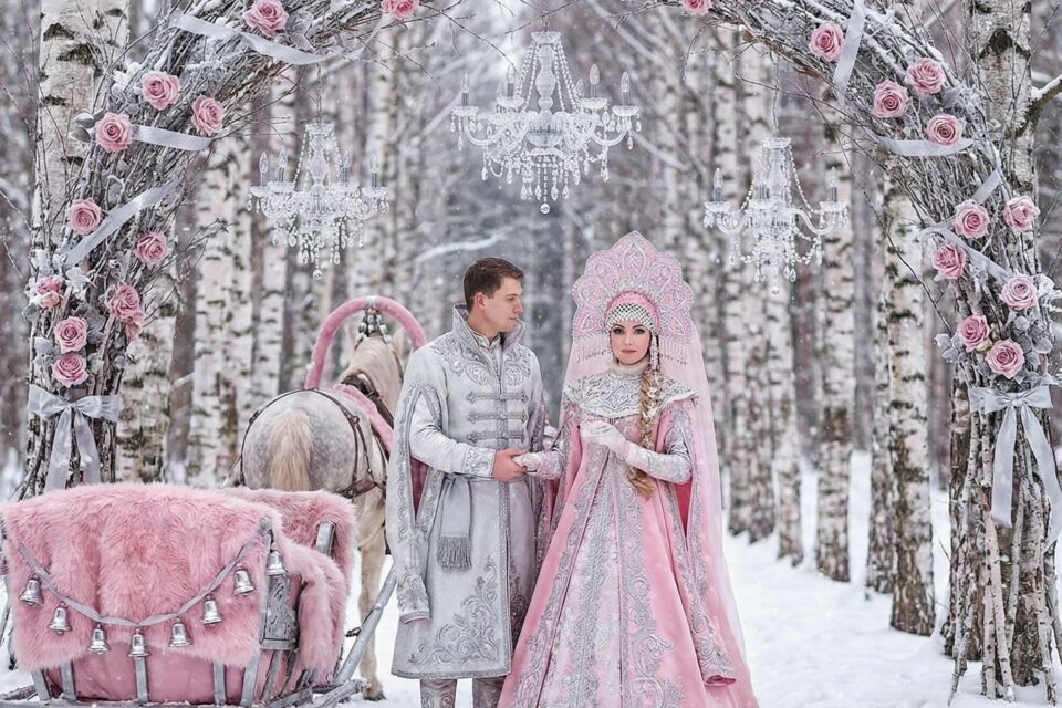 Gemini - Photo d'illustration -&nbsp;&nbsp;Sous les ciels russes, l’union du rose tendre et de l’argent scintillant transforme chaque détail du mariage en une féerie élégante, mêlant douceur romantique et éclat intemporel.