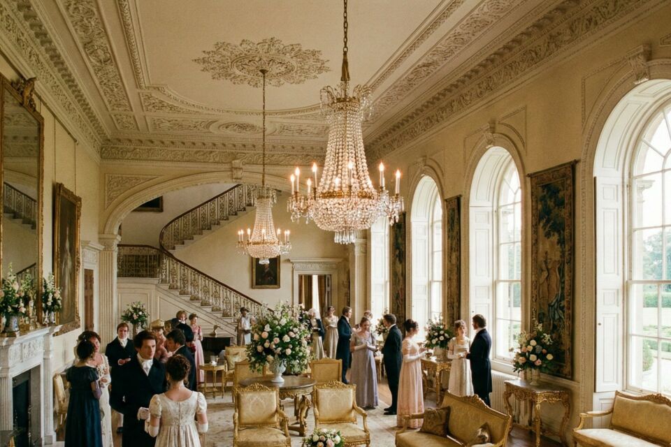 Gemini - Photo d'illustration -&nbsp;&nbsp;Salle de réception aménagé en un domaine digne de la Régence : moulures, chandeliers et élégance Regencycore pour un mariage hors du temps