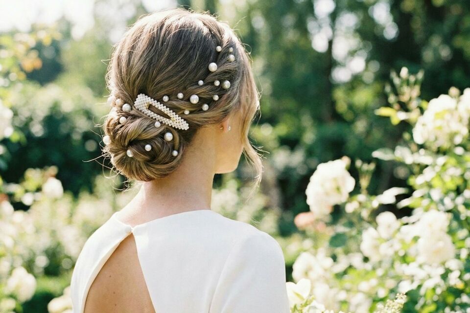 Gemini - Photo d'illustration - Chic intemporel et moderne : le chignon bas perlé incarne l’élégance raffinée de la mariée, un style délicat qui mêle tradition et éclat contemporain pour un jour inoubliable.