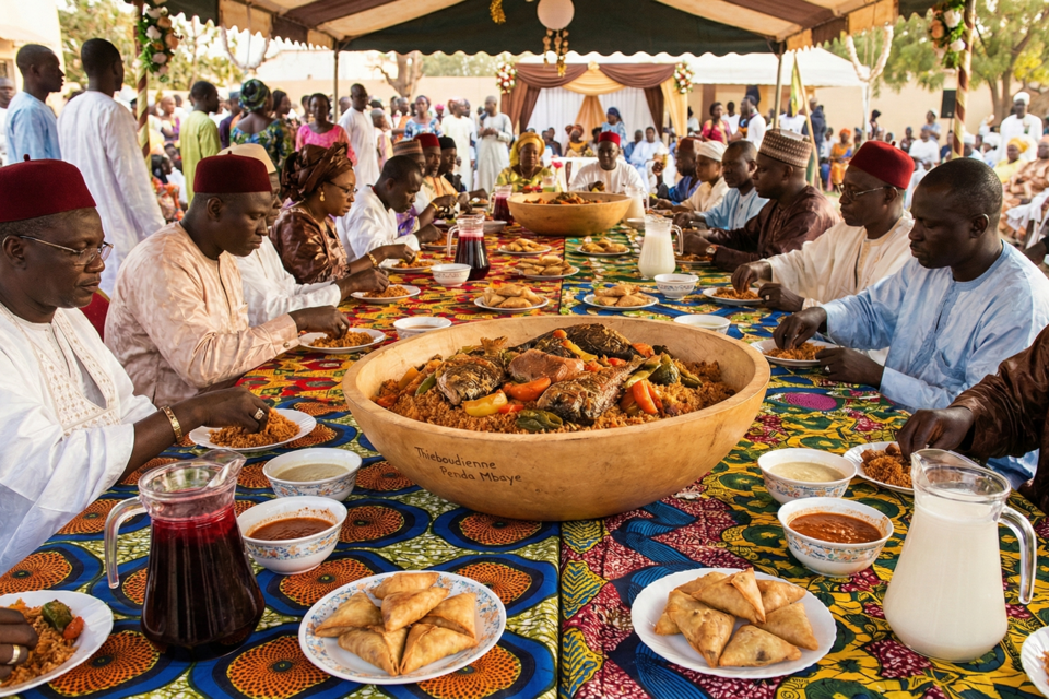 Gemini - Photo d'illustration - L'excellence de la Teranga sénégalaise au cœur d'un banquet nuptial où les saveurs épicées et la générosité des plats communs célèbrent l'union des familles.&nbsp;&nbsp;