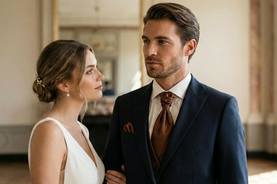 Gemini - Photo d'illustration - Élégance revisitée, la cravate lavallière et le jabot offrent au marié moderne un style raffiné, mêlant tradition et audace contemporaine pour une allure unique et distinguée.