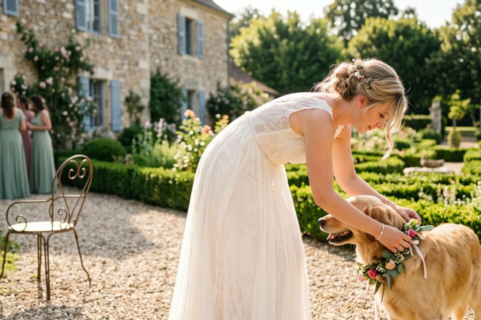 Photo d'illustration - La mariée prépare son Golden Retriever avec son collier de fleurs devant un manoir de charme. L'élégance à l'état pur.
