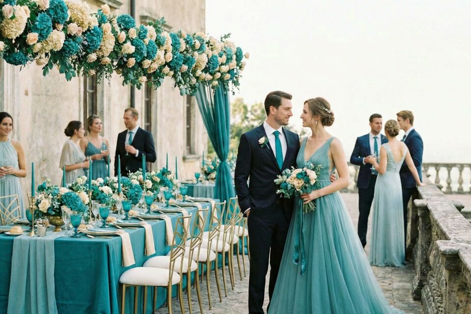 Gemini - Photo d’illustration - Nuance raffinée et intemporelle, le bleu sarcelle enveloppe la décoration de mariage d’une élégance subtile, créant une atmosphère poétique et harmonieuse.