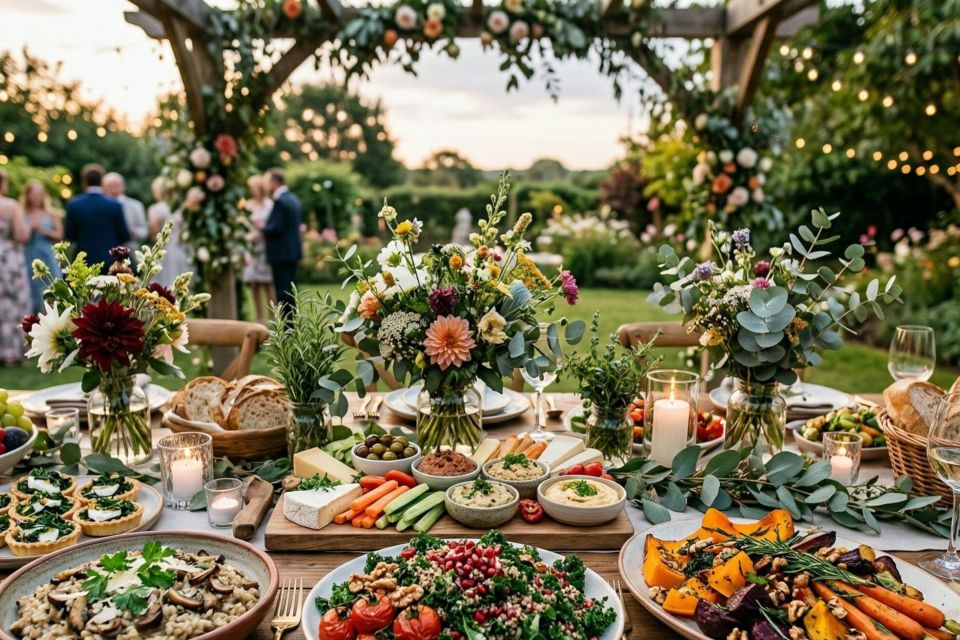 Gemini - Photo d'illustration - Une table de banquet en bois brut ornée de légumes anciens rôtis, de fleurs comestibles et de bougies artisanales, capturant l'essence même d'une réception de mariage organique et saisonnière.