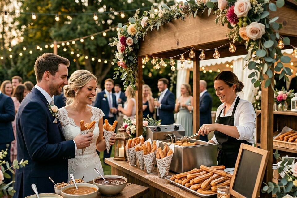 Gemini - Photo d'illustration -&nbsp;&nbsp;Des cornets de churros dorés et fumants, délicatement saupoudrés de sucre roux, prêt à être plongé dans un onctueux chocolat noir pour un instant de pur bonheur partagé lors de votre réception de mariage.
