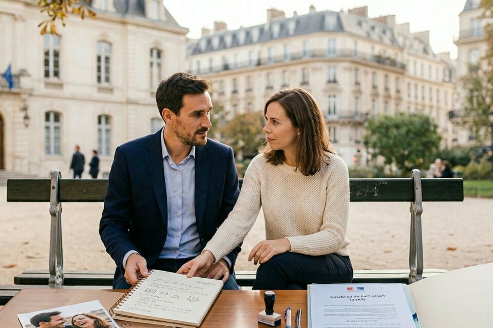 Deux mains s'entrelacent sur une table en bois clair, symbolisant l'union et l'engagement, qu'il soit de fait ou contractuel, dans la douceur d'un foyer partagé et la promesse d'un avenir commun.