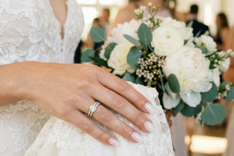 Gemini - Photo d'illustration - Éclat lacté et raffiné, les Milky Nails subliment la mariée avec un glow discret, élégant et intemporel, parfait pour une manucure nuptiale tout en douceur et lumière.
