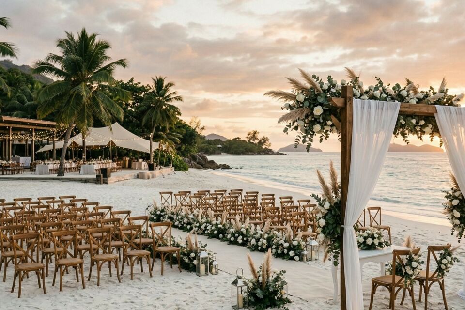 Photo d'illustration -&nbsp;&nbsp;Cérémonie au coucher du soleil, entre sable fin et horizon doré, pour un mariage intime et romantique au bord de l’eau.