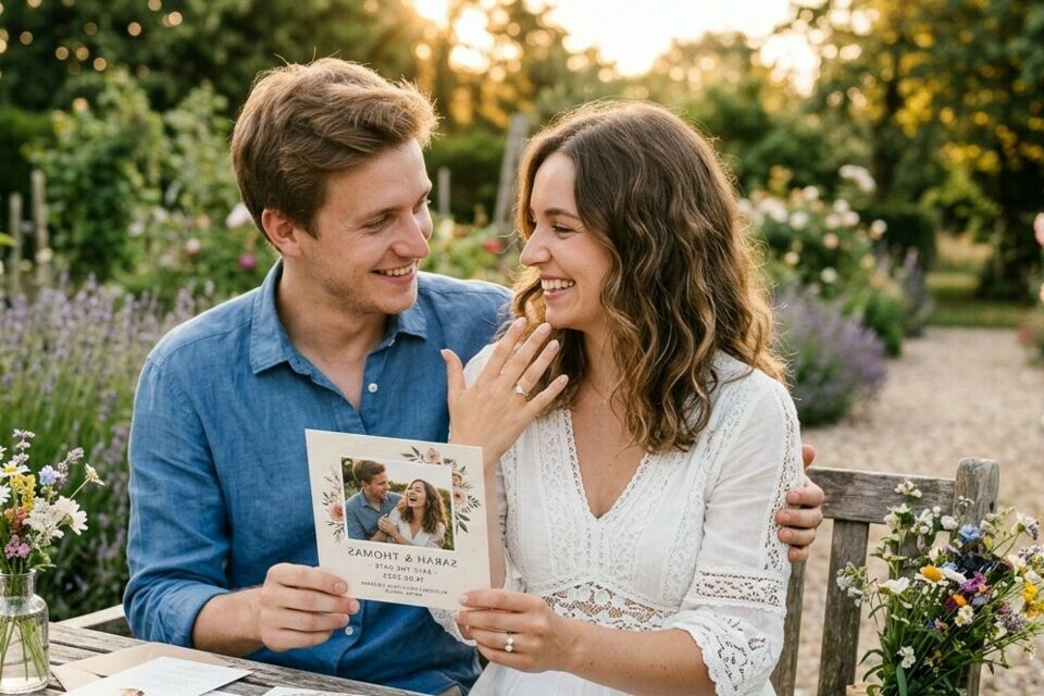 &nbsp;Photo d'illustration -&nbsp;&nbsp;Un regard complice capturé à l'heure dorée, une main serrée avec tendresse : vos photos de fiançailles sont le cœur battant de votre future papeterie, transformant chaque envoi en un récit d'amour.
