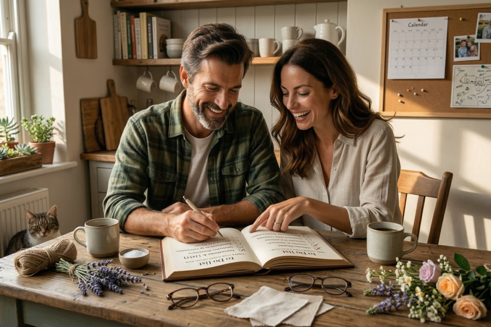 Photo d'illustration - Couple concentré, carnet en main, posant les premières pierres de leur mariage : budget, lieu et date, les décisions fondatrices d’une journée inoubliable