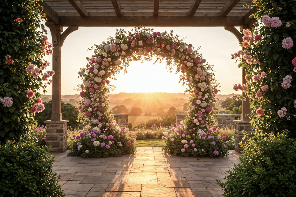 Freepik Photo d'illustration :Pétales, bouquets de chaises et arches fleuries pour une entrée inoubliable.