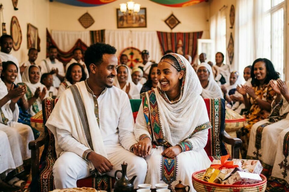 Gemini - Photo d'illustration -&nbsp;&nbsp;Un instant suspendu lors d'une demande en mariage érythréenne, où l'arôme de l'encens se mêle à la douceur des étoffes blanches brodées, scellant l'union de deux lignées sous l'œil bienveillant des anciens.