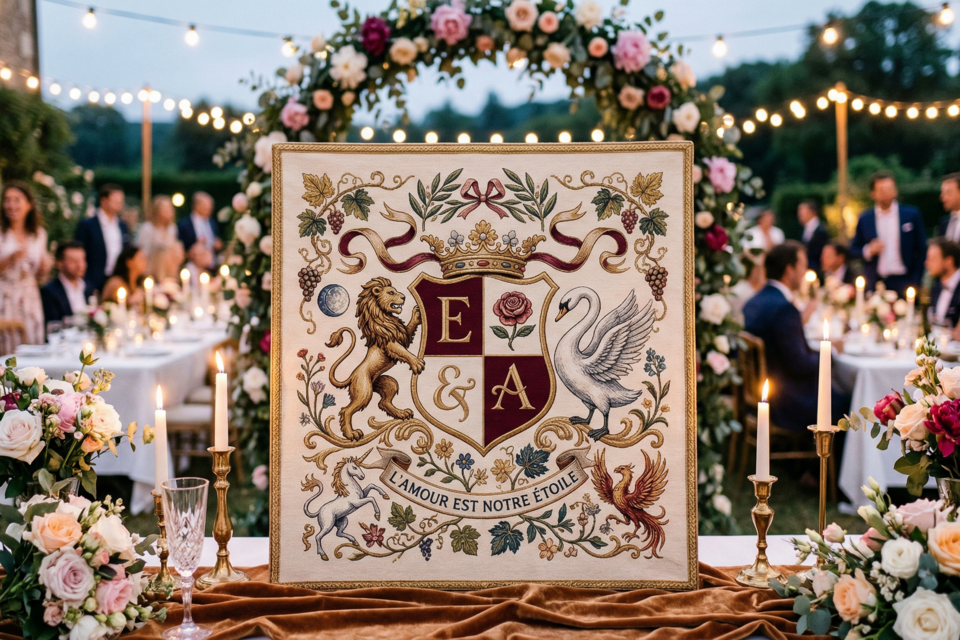 Gemini - Photo d'illustration - Un blason de mariage personnalisé, c'est votre histoire dessinée : initiales entrelacées, fleurs du bouquet, animal de compagnie adoré — un symbole qui traversera les générations.