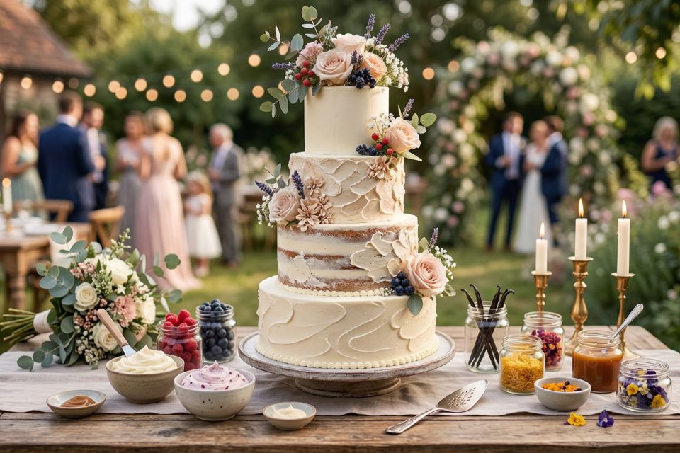 Photo d'illustration - Délicat glaçage blanc et fleurs naturelles : un gâteau de mariage raffiné, symbole d’élégance et de douceur, sublimé par une ambiance romantique et festive en plein air.