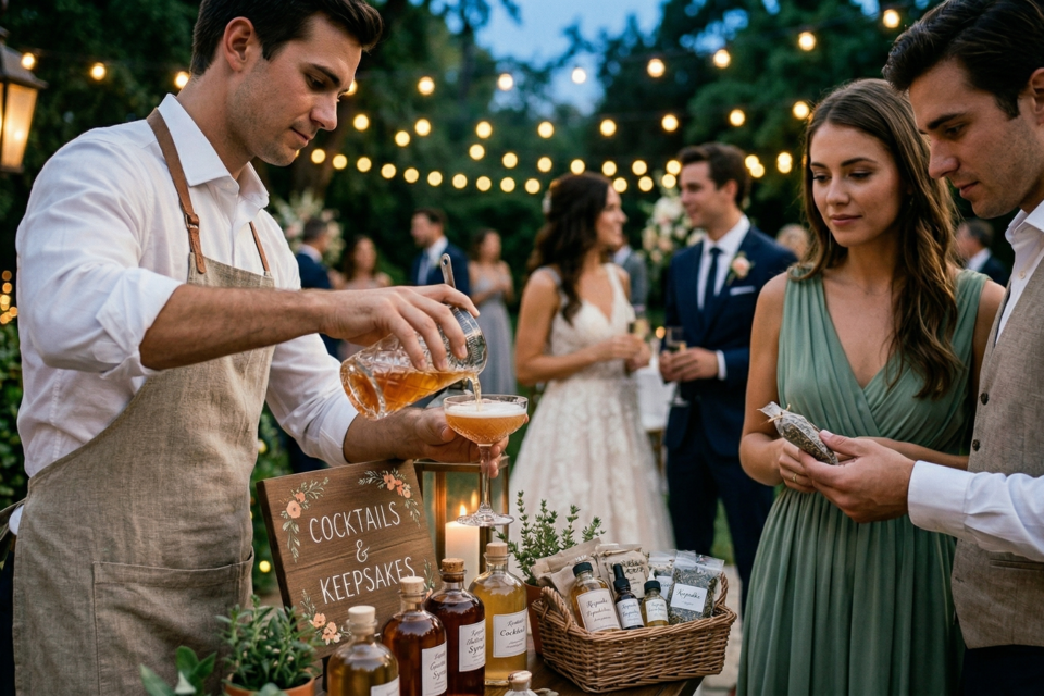 Gemini - Photo d'illustration -&nbsp;Célébration en plein air au crépuscule. Un barman sert un cocktail tandis qu'un couple de convives examine de petits flacons de souvenirs.