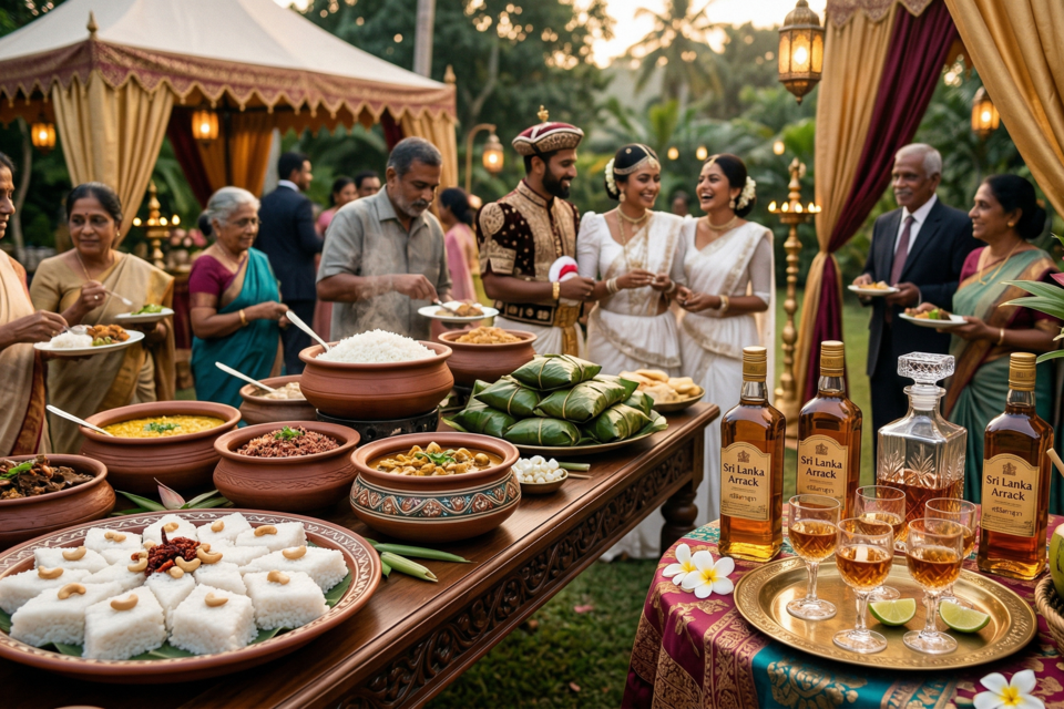 Gemini - Photo d'illustration -&nbsp;Un magnifique festin de mariage kandyan au crépuscule. Un somptueux buffet traditionnel sri-lankais avec du kiribath, des currys authentiques et de l'arrack premium.