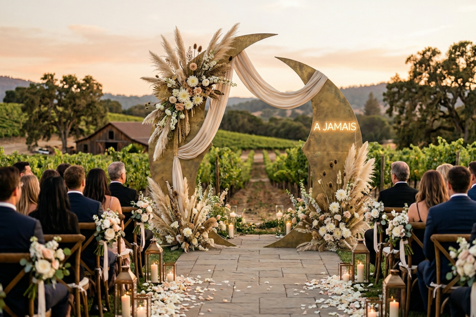 Gemini - Photo d'illustration -&nbsp;L’arche de mariage se réinvente en sculpture céleste : entre pampas vaporeuses et néon confidentiel, le décor devient le manifeste d'une union qui ne ressemble à aucune autre.