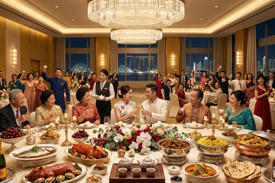 Gemini - Photo d'illustration - Un banquet de mariage somptueux à Singapour, avec une vue à couper le souffle et un festin gastronomique mémorable.