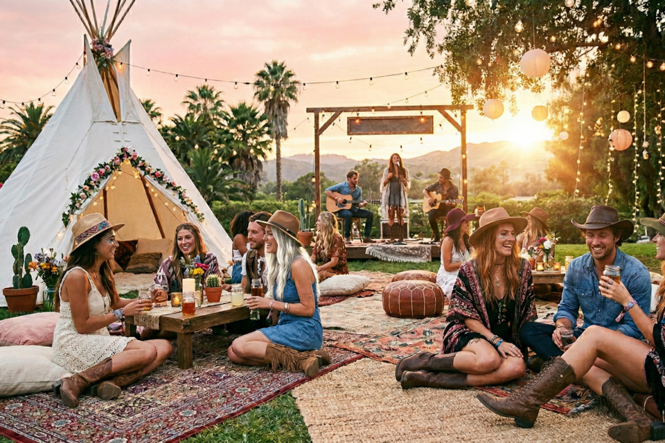  Gemini – Photo d’illustration - Une soirée magique où la musique acoustique et l'ambiance bohème se mêlent sous les lumières scintillantes et le coucher de soleil doré.  