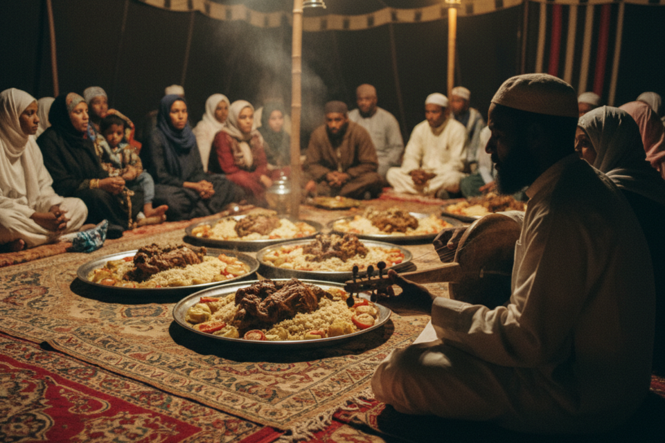 Sous les tentes sahariennes, le banquet mauritanien célèbre l'union par le partage sacré du méchoui et la poésie amère du thé, entre dunes de sable et honneur bédouin.