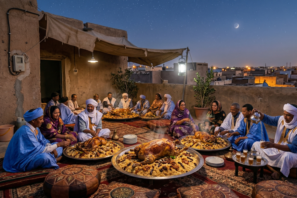Gemini - Photo d'illustration -&nbsp;Sous les tentes sahariennes, le banquet mauritanien célèbre l'union par le partage sacré du méchoui et la poésie amère du thé, entre dunes de sable et honneur bédouin.