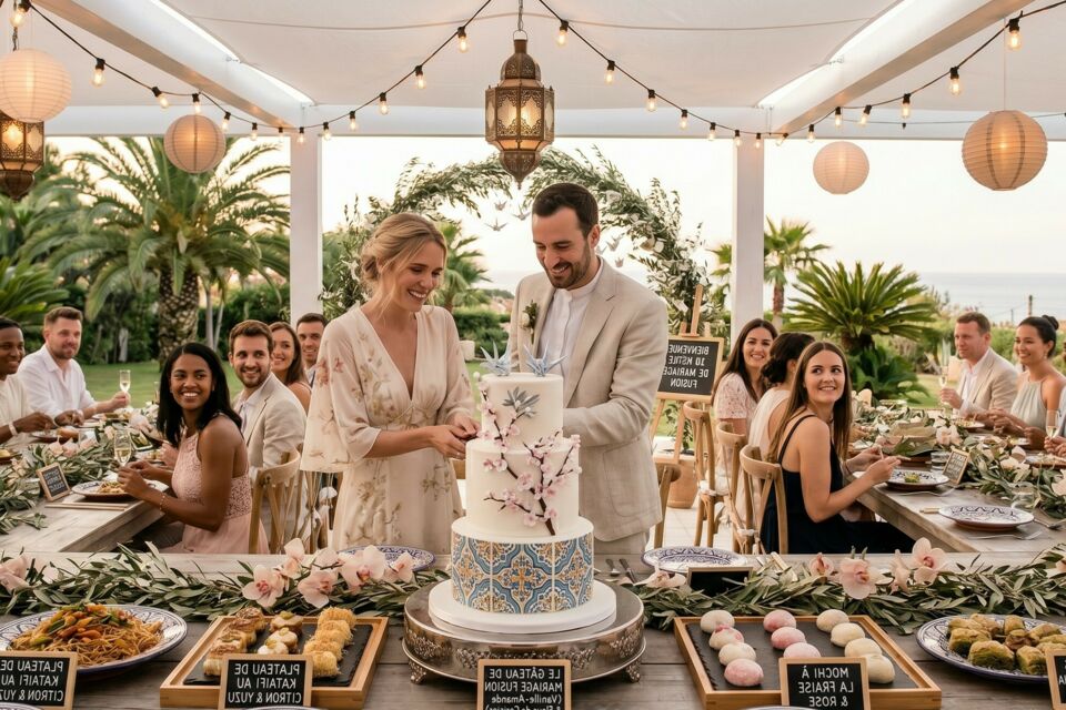 Photo d'illustration - Sous les lanternes et face à l’océan, le wedding cake fleuri s’impose comme pièce maîtresse, symbole d’élégance et de gourmandise, révélant le savoir-faire du pâtissier choisi.