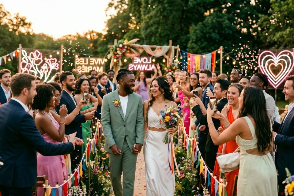 Photo d'illustration - Un couple Gen Z célèbre son union dans une ambiance festive et colorée, entre authenticité, engagement et tendances modernes, symbole d’un mariage à la fois vibrant et responsable.