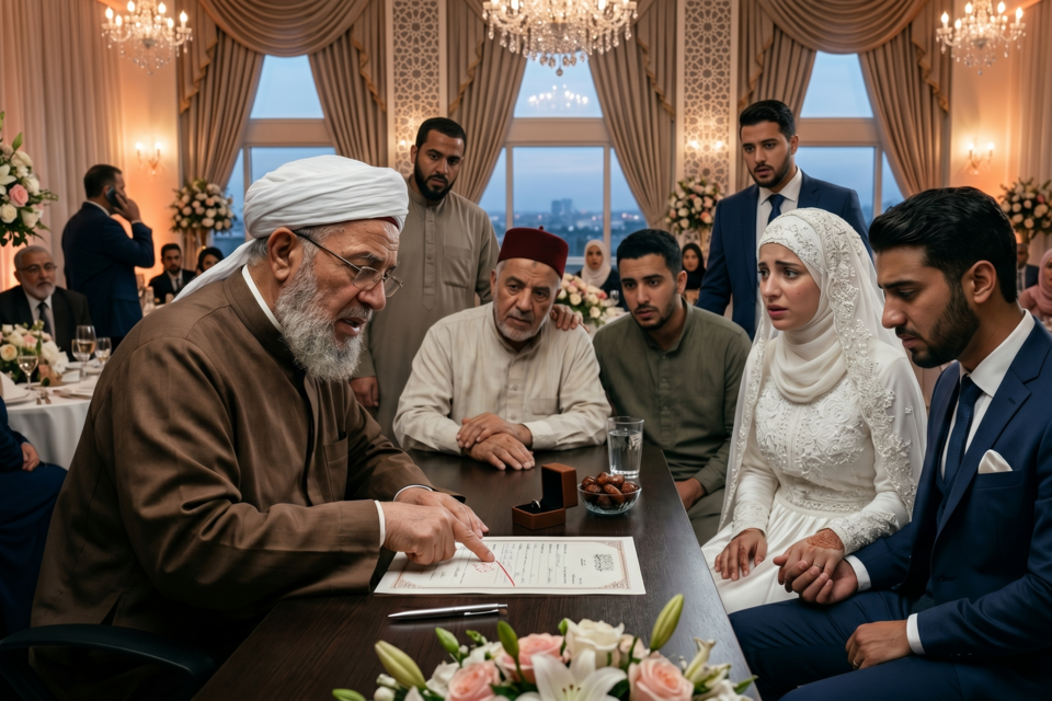 Gemini - Photo d'illustration -&nbsp;Un Imam préside solennellement la signature du contrat de mariage (Nikah) entre de jeunes époux entourés de leurs témoins et familles dans une salle élégamment décorée.