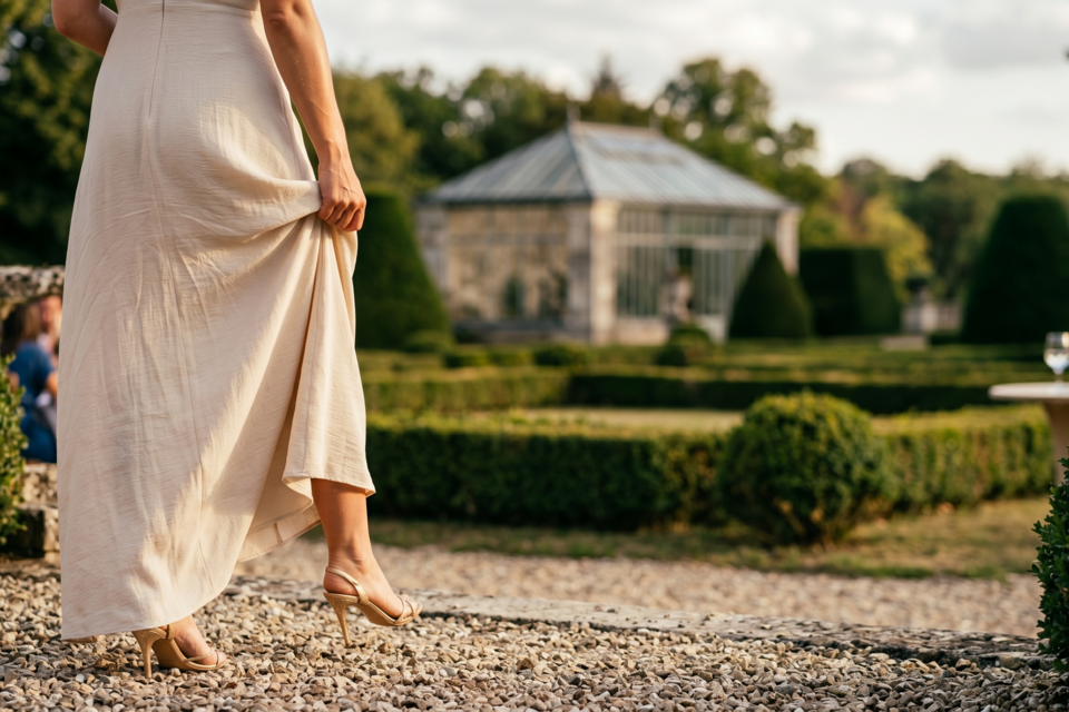 Photo d'illustration - Invitée en robe claire marche dans un jardin élégant, illustrant l’importance d’adapter sa tenue aux saisons et au lieu pour rester chic et confortable lors d’un mariage raffiné.