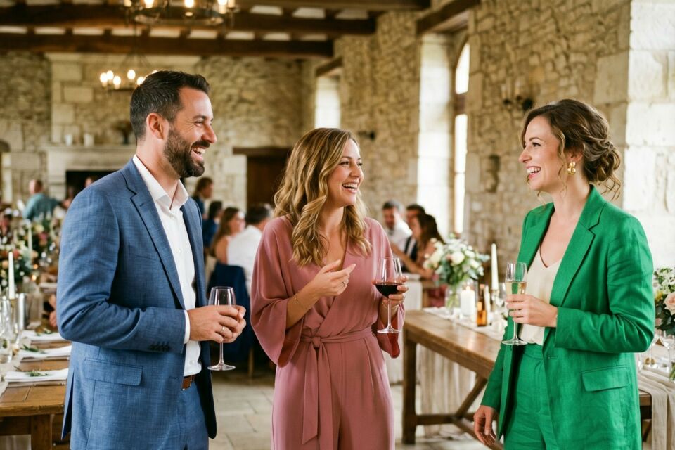 Photo d'illustration - Invités élégants en costumes et tenues colorées trinquent dans une salle au charme rustique, entre pierres et poutres, reflétant l’équilibre parfait entre convivialité et raffinement d’un mariage.