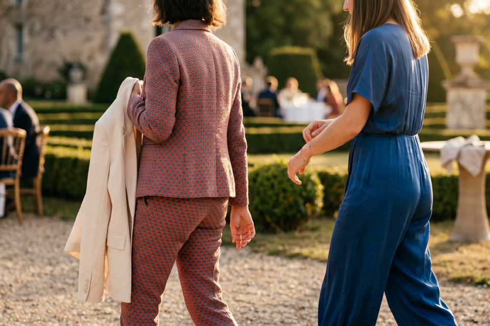 Photo d'illustration - Deux invités en tenue élégante déambulent dans un jardin raffiné, illustrant la diversité des styles vestimentaires qui s’accordent au lieu et à l’ambiance d’un mariage contemporain.